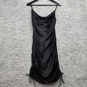 Zara Slip Dress Womens‎ Medium Black Satin Mini Drape Neck Tie Sides Night Out